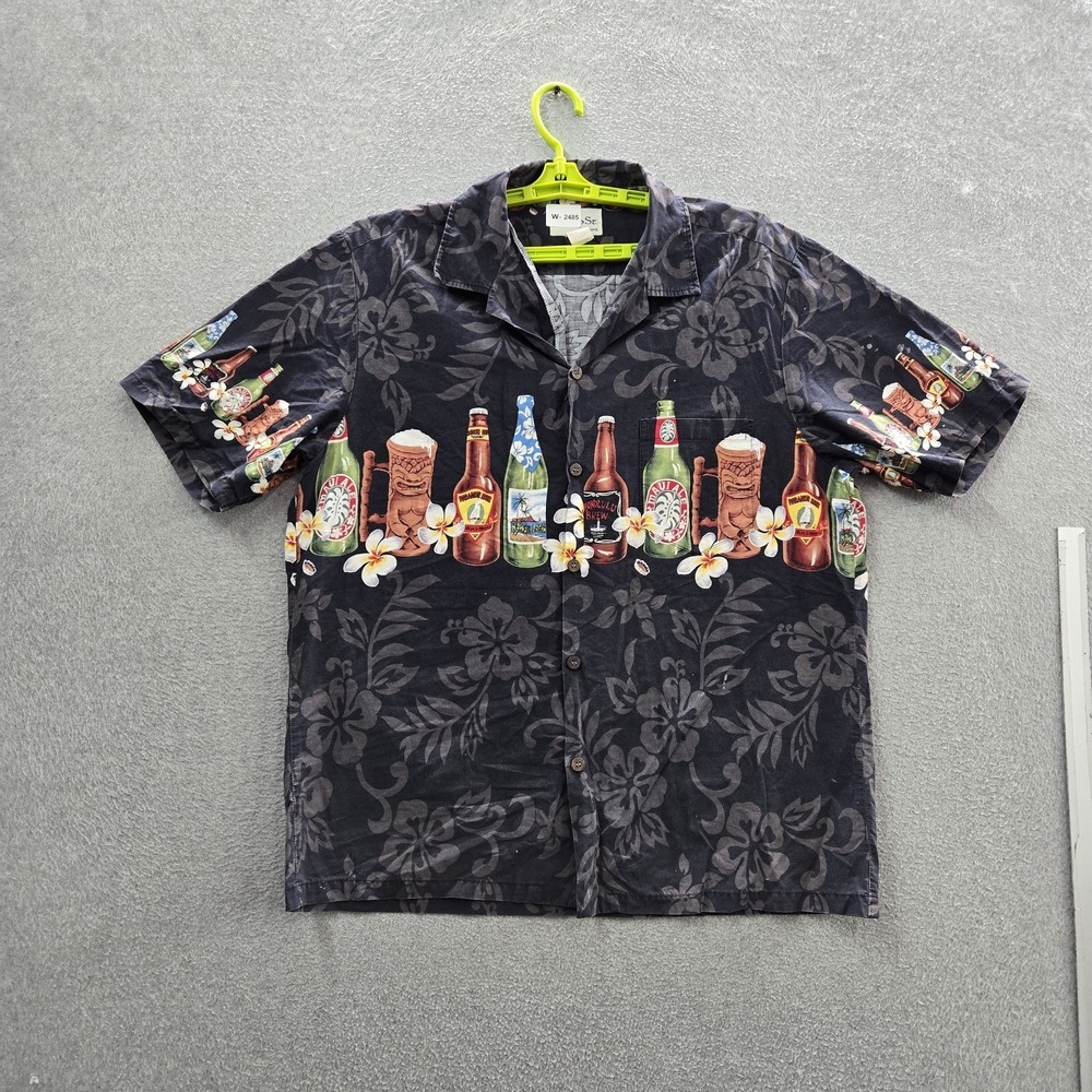 Bishop St.‎ Apparel Men Button Up Shirt XL Black Beer Bottles Flowers Hawaiian